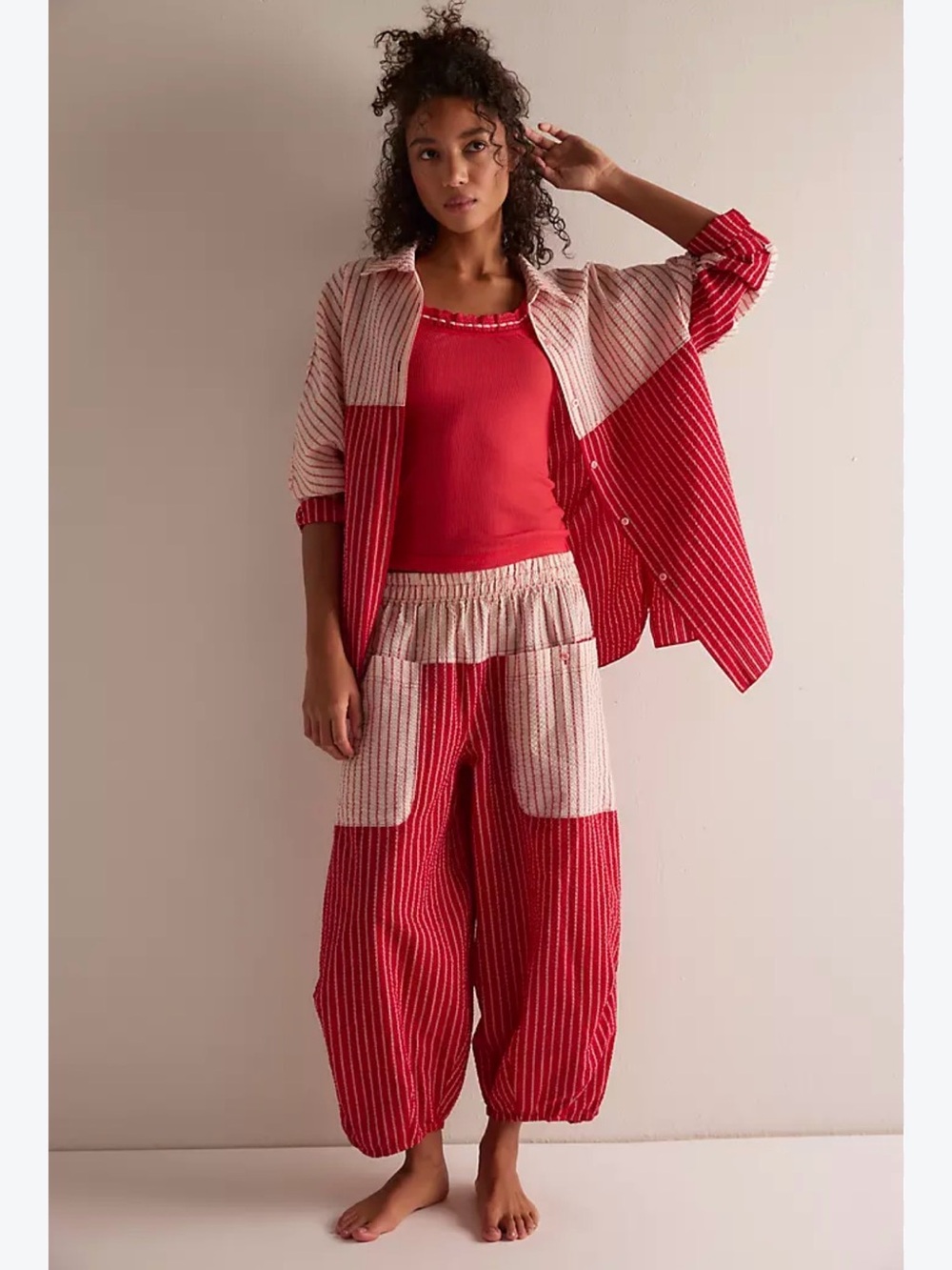 Relaxed Red Stripe Wide-Leg Pants with Elastic Waist and top